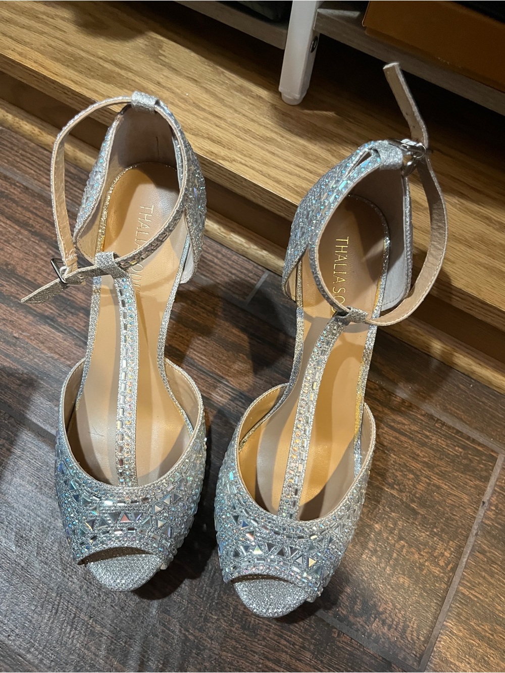 Thalia Sodi Silver Crystal T-Strap Heels